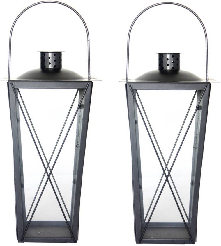 Fancy Flames Set van 2x stuks zilveren tuin lantaarn windlicht van ijzer 20 x 20 x 40 cm Lantaarns