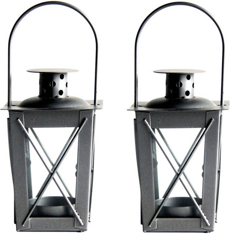 Fancy Flames Set van 2x stuks zilveren tuin lantaarn windlicht van ijzer 7 5 x 7 5 x 11 cm Lantaarns