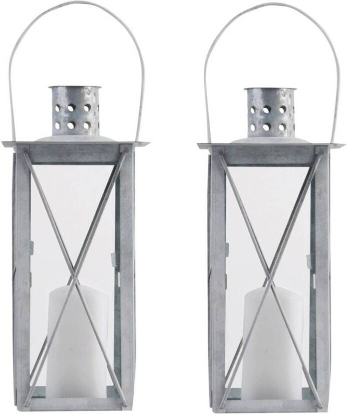 Fancy Flames Set van 2x stuks zilveren tuin lantaarn windlicht van zink 12 x 12 x 25 5 cm Lantaarns