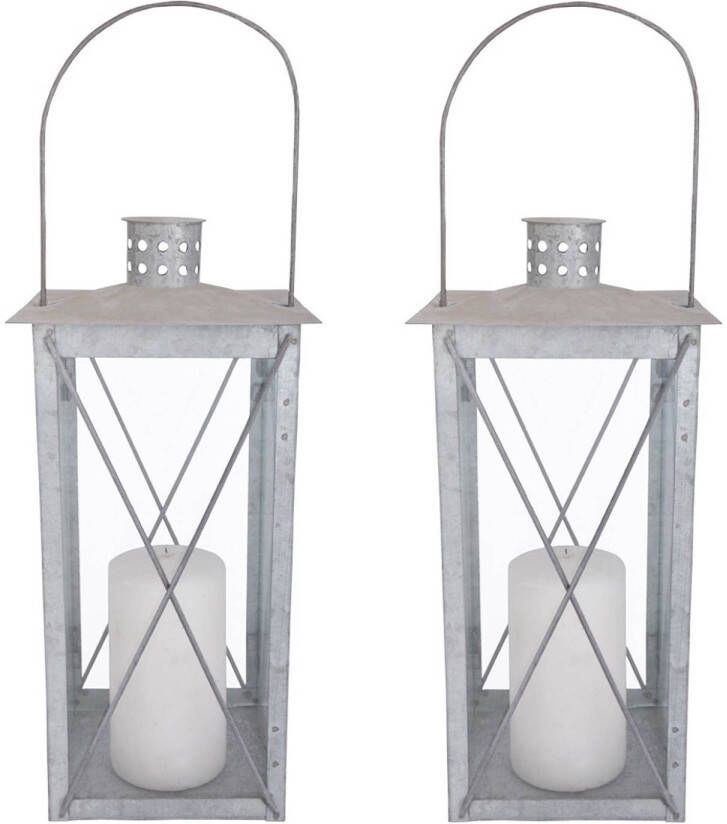Fancy Flames Set van 2x stuks zilveren tuin lantaarn windlicht van zink 17 2 x 17 2 x 36 5 cm Lantaarns