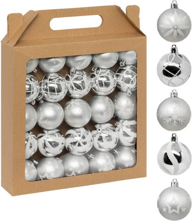 FEERIC LIGHTS & CHRISTMAS Feeric Christmas gedecoreerde kerstballen 25x- 6 cm zilver wit -kunststofA  Kerstbal