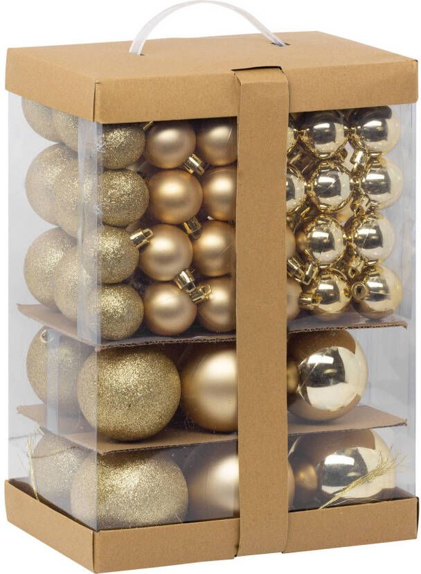 FEERIC LIGHTS & CHRISTMAS Feeric Christmas Kerstballen 60x st 4 6 7 en 8 cm goud kunststof Kerstbal