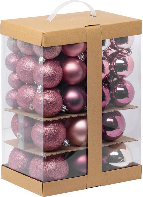 FEERIC LIGHTS & CHRISTMAS Feeric Christmas Kerstballen 60x st 4 6 7 en 8 cm roze kunststof Kerstbal