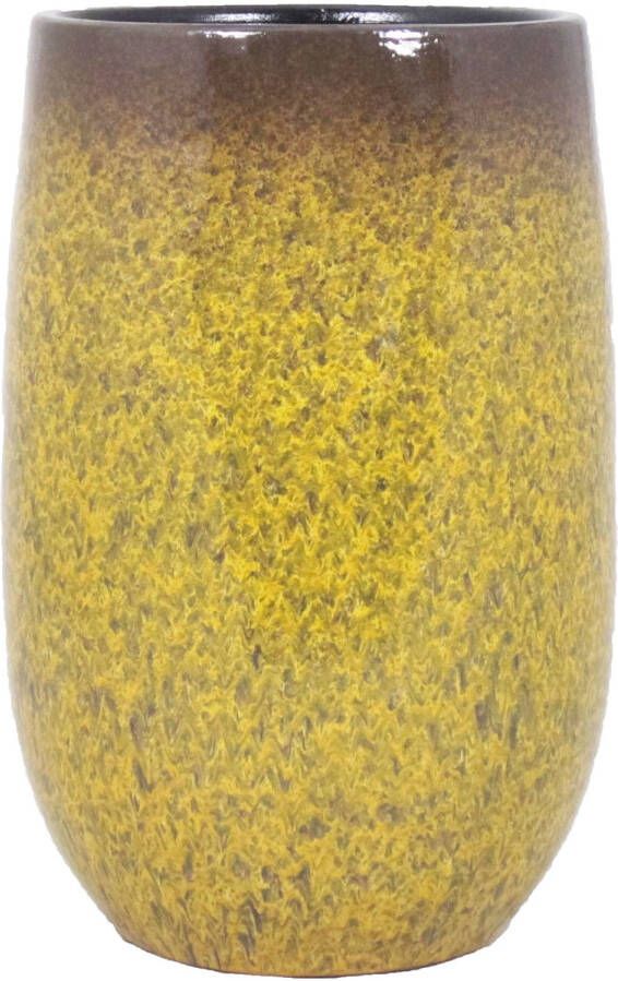 Floran Keramiek aardewerk hoge bloemvaas plantenpot van H30 x D19 cm in het een goud geel flakes motief- plantenpotten Vazen
