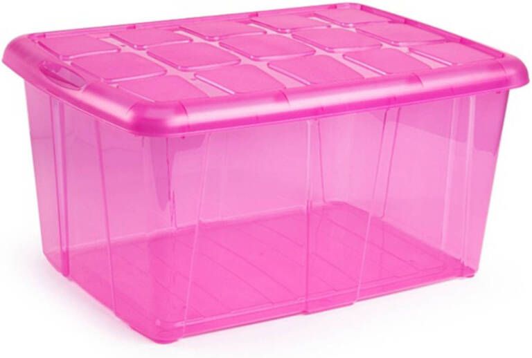 Forte Plastics 1x Opslagbakken organizers met deksel 60 liter 63 x 46 x 32 transparant roze Opbergbox