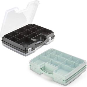 Forte Plastics 2x opberg vakjesdoos Sorteerboxen 21-vaks kunststof 28 x 21 x 6 cm zwart en groen Opbergbox