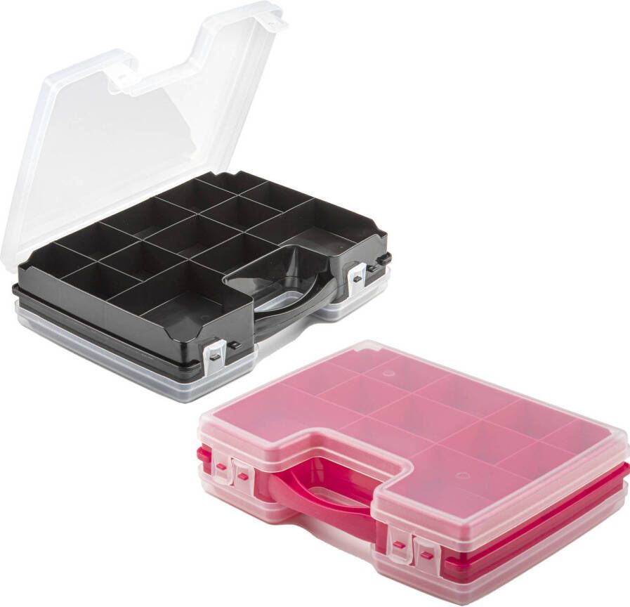 Forte Plastics 2x Opberg vakjes doos Sorteerbox 21-vaks kunststof 28 x 21 x 6 cm zwart roze Opbergbox