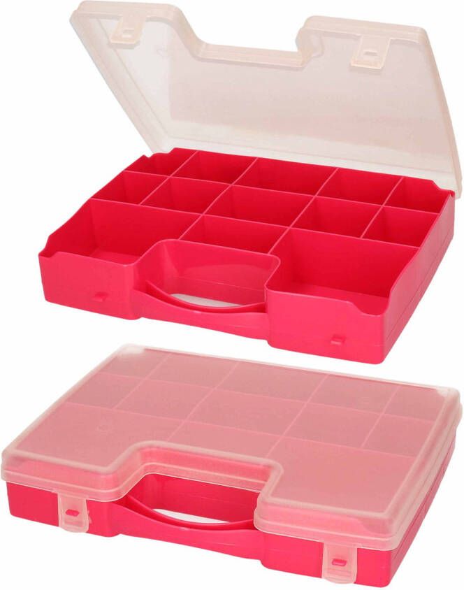 Forte Plastics 2x Opbergkoffertje opbergdoosjes 13-vaks fuchsia roze Sorteerdoos box Opbergers 27 5 x 20 5 x 3 cm Opbergbox