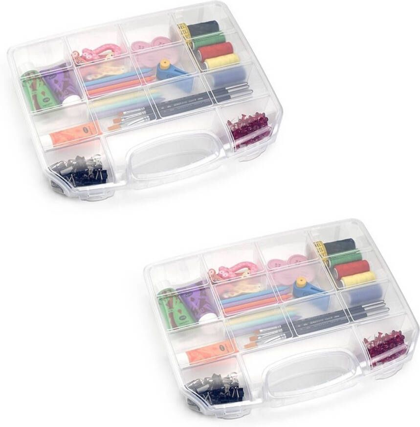 Forte Plastics 2x Opbergkoffertjes opbergboxen met kliksluiting 8-vaks Opbergbox