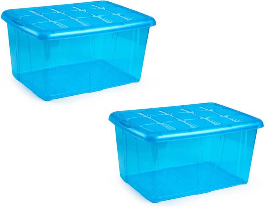 Forte Plastics 2x Opslagbakken organizers met deksel 60 liter 63 x 46 x 32 transparant blauw Opbergbox