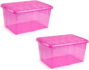 Forte Plastics 2x Opslagbakken organizers met deksel 60 liter 63 x 46 x 32 transparant roze Organizers opbergbakken Opbergbox
