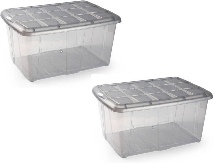 Forte Plastics 2x Opslagbakken organizers met deksel 60 liter 63 x 46 x 32 transparant grijs Opbergbox