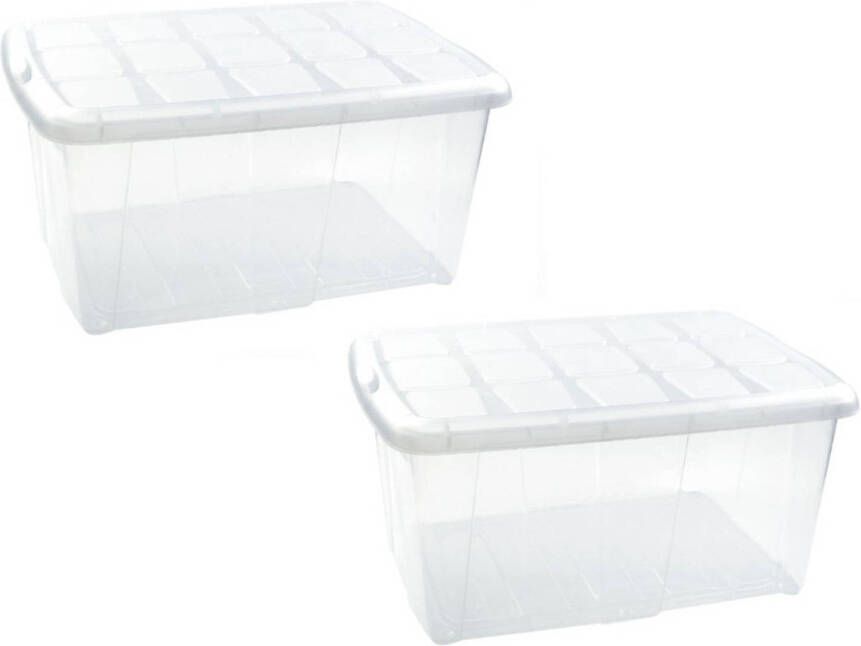 Forte Plastics 2x Opslagbakken organizers met deksel 60 liter 63 x 46 x 32 transparant wit Opbergbox