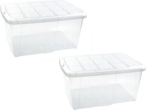 Forte Plastics 2x Opslagbakken organizers met deksel 60 liter 63 x 46 x 32 transparant wit Organizers opbergbakken Opbergbox