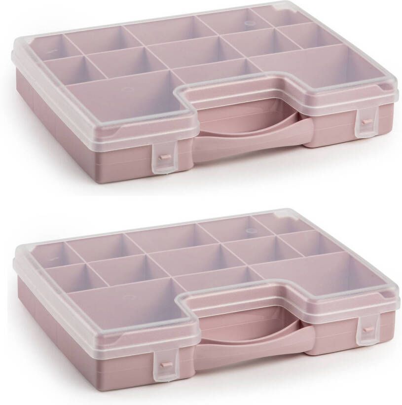 Forte Plastics 2x stuks opbergkoffertje opbergdoos sorteerboxen 13-vaks kunststof oud roze 27 x 20 x 3 cm Opbergbox