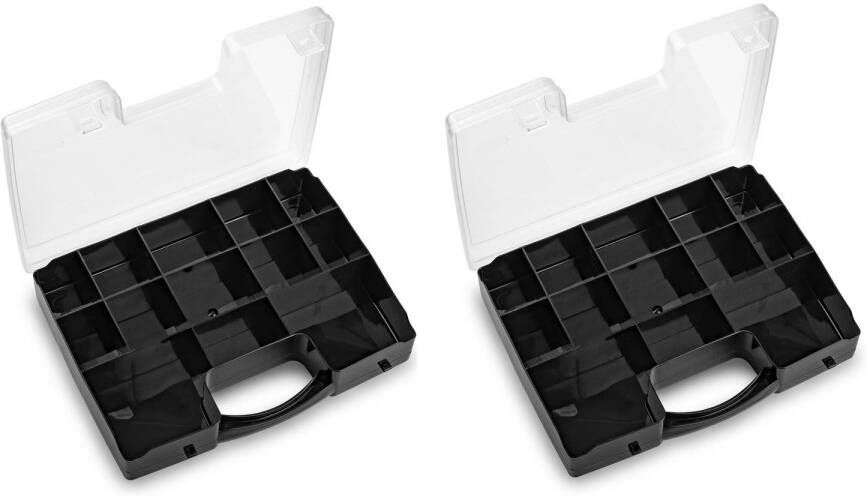 Forte Plastics 2x stuks opbergkoffertje opbergdoos sorteerboxen 13-vaks kunststof zwart 27 x 20 x 3 cm Opbergbox
