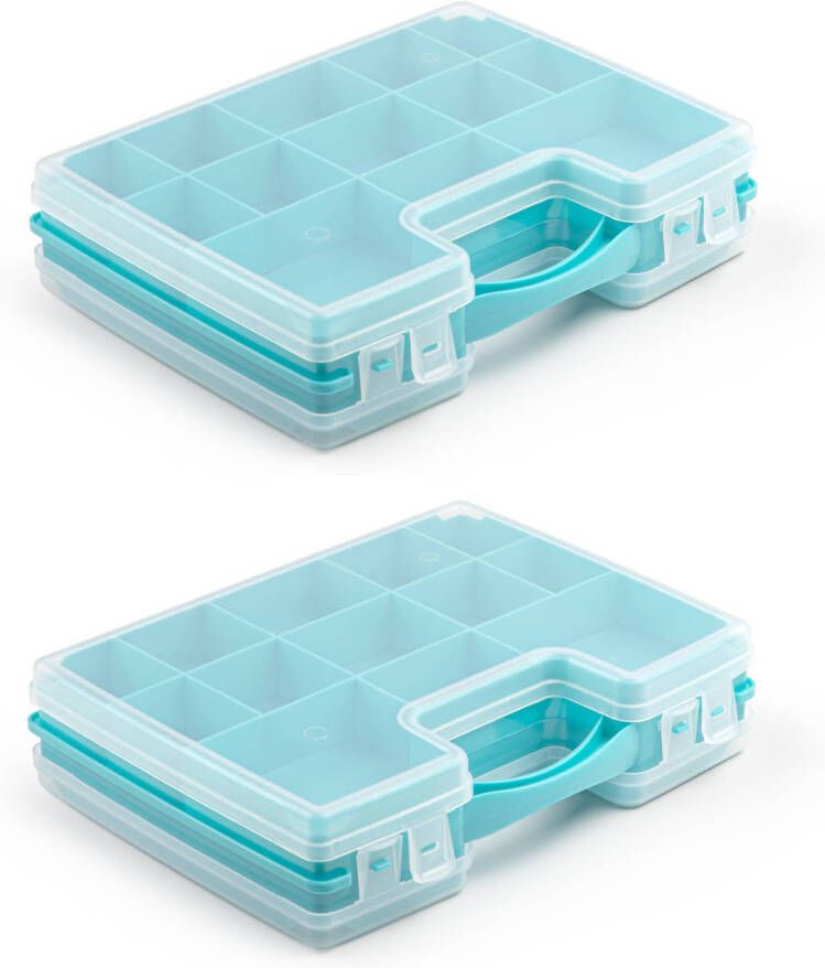 Forte Plastics 2x stuks opbergkoffertje opbergdoos sorteerboxen 22-vaks kunststof blauw 28 x 21 x 6 cm Opbergbox