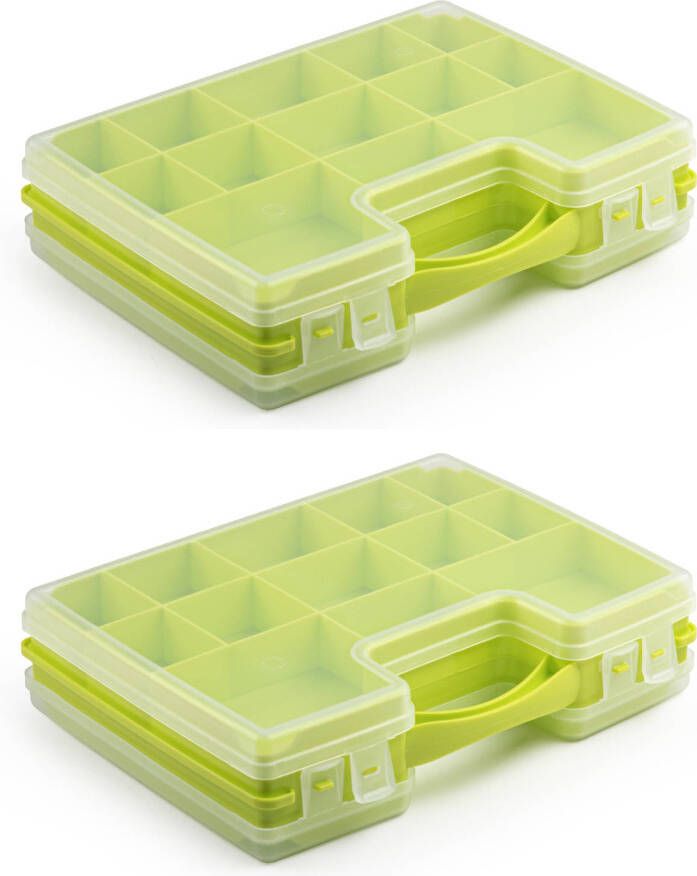 Forte Plastics 2x stuks opbergkoffertje opbergdoos sorteerboxen 22-vaks kunststof groen 28 x 21 x 6 cm Opbergbox