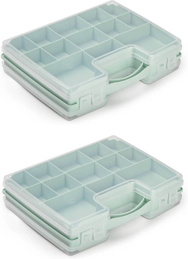 Forte Plastics 2x stuks opbergkoffertje opbergdoos sorteerboxen 22-vaks kunststof mintgroen 28 x 21 x 6 cm Opbergbox