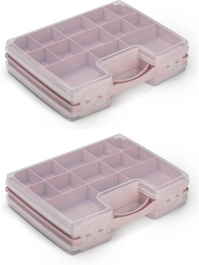 Forte Plastics 2x stuks opbergkoffertje opbergdoos sorteerboxen 22-vaks kunststof oud roze 28 x 21 x 6 cm Opbergbox
