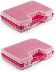 Forte Plastics 2x stuks opbergkoffertje opbergdoos sorteerboxen 22-vaks kunststof roze 28 x 21 x 6 cm Opbergbox