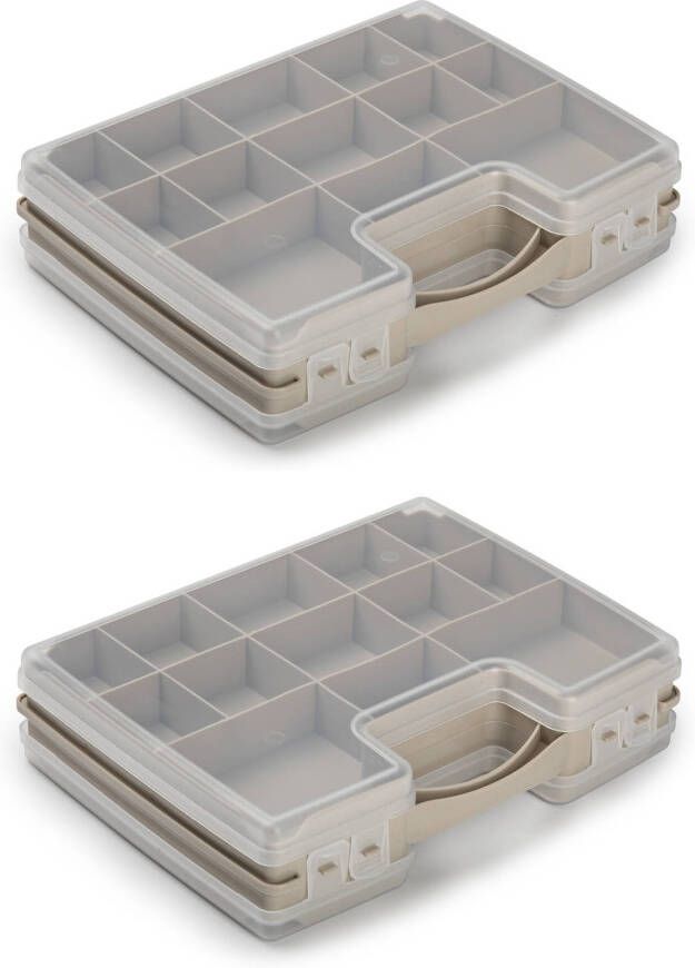 Forte Plastics 2x stuks opbergkoffertje opbergdoos sorteerboxen 22-vaks kunststof taupe 28 x 21 x 6 cm Opbergbox