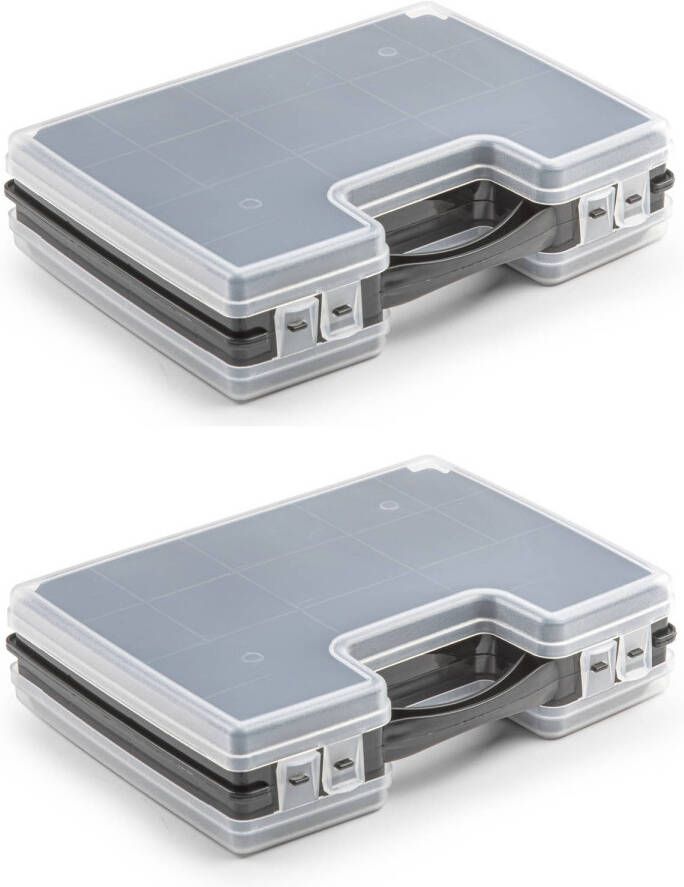 Forte Plastics 2x stuks opbergkoffertje opbergdoos sorteerboxen 22-vaks kunststof zwart 28 x 21 x 6 cm Opbergbox