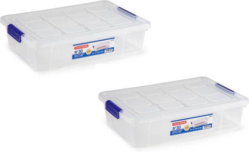 Forte Plastics 2x stuks opslagbox met clips-deksel 5 liter transparant 26 x 40 x 8.5 cm Opbergbox