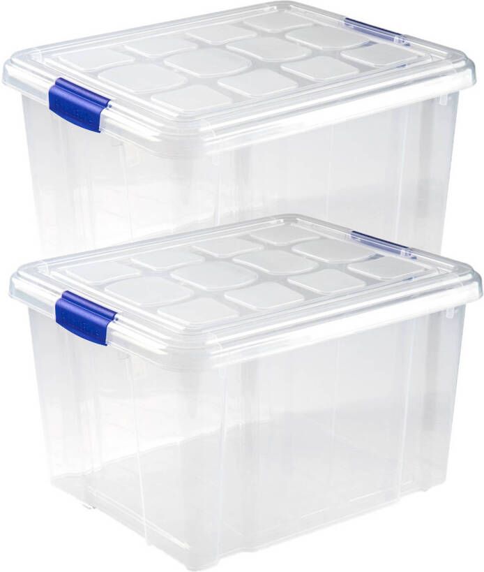 Forte Plastics 2x stuks opslagboxen bakken organizers met deksel 25 liter van 42 x 36 x 25 cm transparant plastic Opbergbox