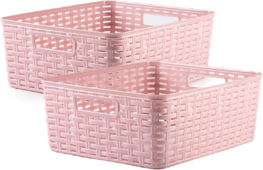 Forte Plastics 2x stuks rotan gevlochten opbergmand opbergbox kunststof Oud roze 28 x 36 x 13.5 cm Opbergbox