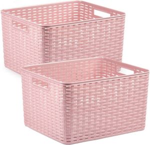 Forte Plastics 2x stuks rotan gevlochten opbergmand opbergbox kunststof Oud roze 34 x 40 x 23 cm Kast mandjes Opbergbox