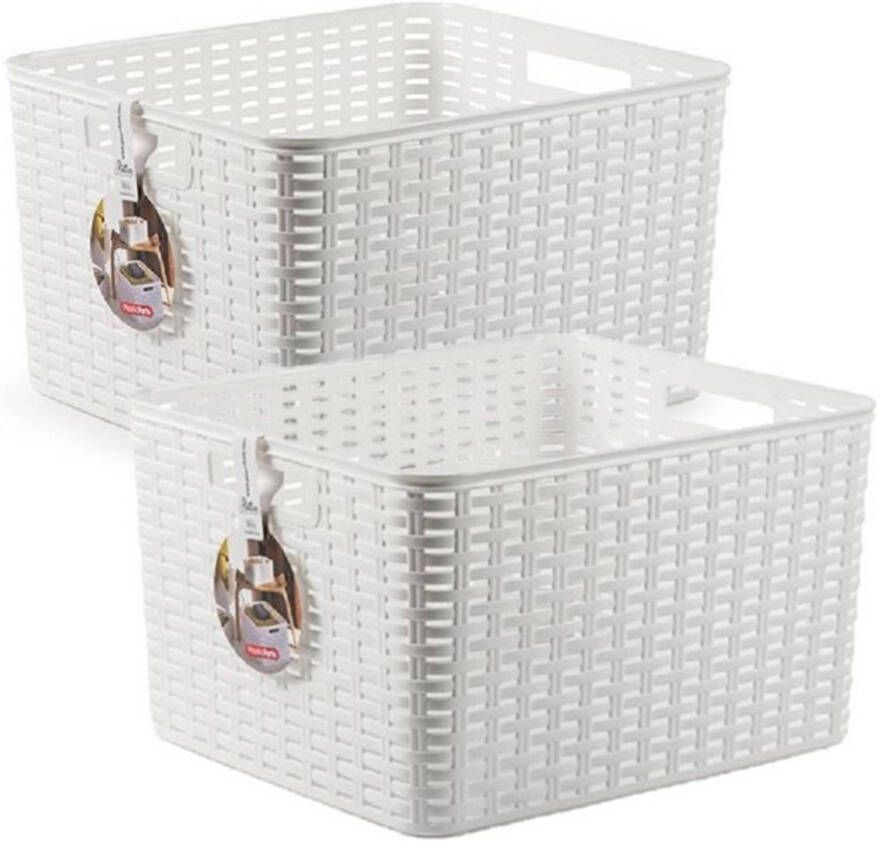 Forte Plastics 2x stuks rotan gevlochten opbergmand opbergbox kunststof wit 34 x 40 x 23 cm Kast mandjes Opbergbox