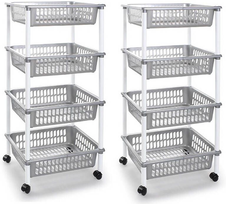 Forte Plastics 2x stuks zilverkleurige opberg trolleys roltafels met 4 manden 40 x 50 x 85 cm Etagewagentje karretje met opbergkratten Opberg trolley