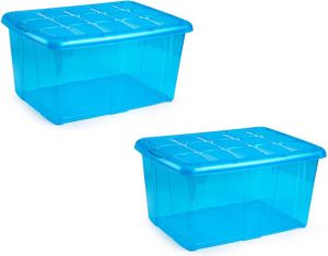 Forte Plastics 3x Opslagbakken organizers met deksel 60 liter 63 x 46 x 32 transparant blauw Opbergbox