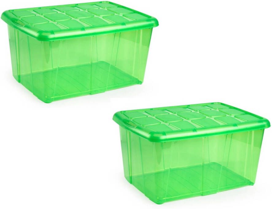 Forte Plastics 2x Opslagbakken organizers met deksel 60 liter 63 x 46 x 32 transparant groen Organizers opbergbakken Opbergbox