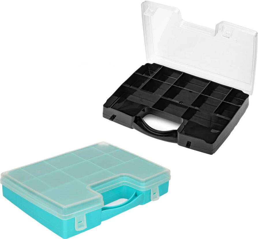 Forte Plastics 4x opberg vakjesdoos Sorteerboxen 13-vaks kunststof 27 x 20 x 3 cm zwart en blauw Opbergbox