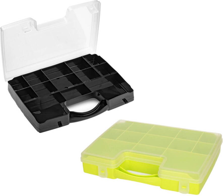 Forte Plastics 4x opberg vakjesdoos Sorteerboxen 13-vaks kunststof 27 x 20 x 3 cm zwart en groen Opbergbox