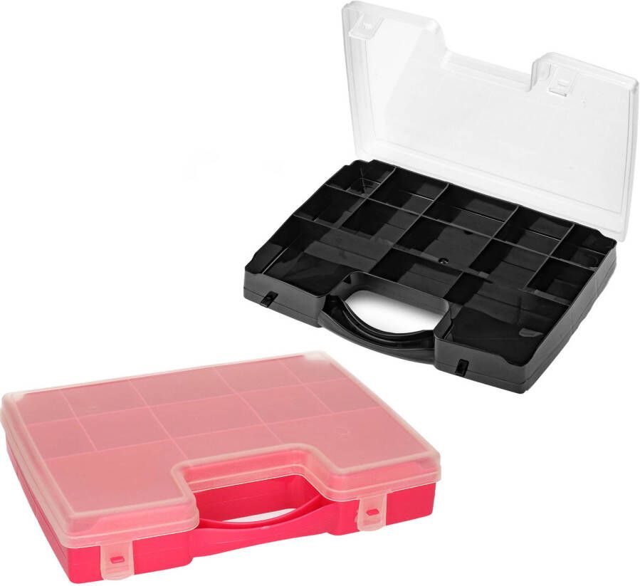 Forte Plastics 4x opberg vakjesdoos Sorteerboxen 13-vaks kunststof 27 x 20 x 3 cm zwart en roze Opbergbox