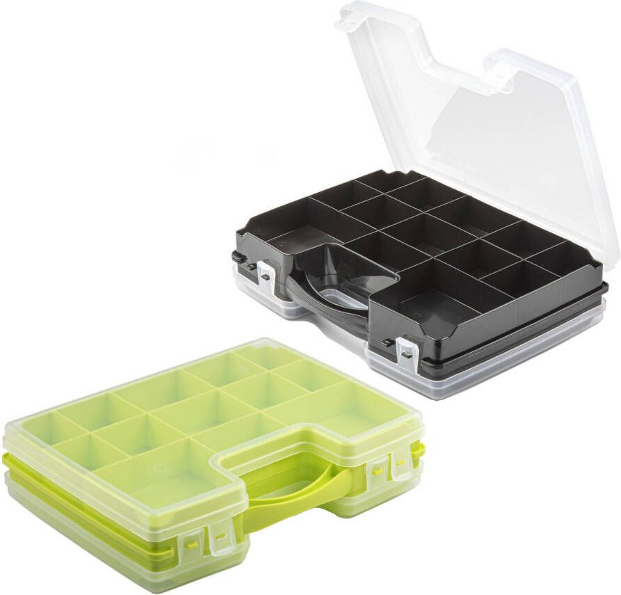 Forte Plastics 4x Opberg vakjes doos Sorteerbox 21-vaks kunststof 28 x 21 x 6 cm zwart groen Opbergbox