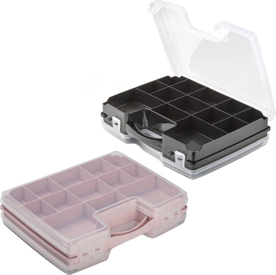 Forte Plastics 4x opberg vakjesdoos Sorteerboxen 21-vaks kunststof 28 x 21 x 6 cm zwart en roze Opbergbox