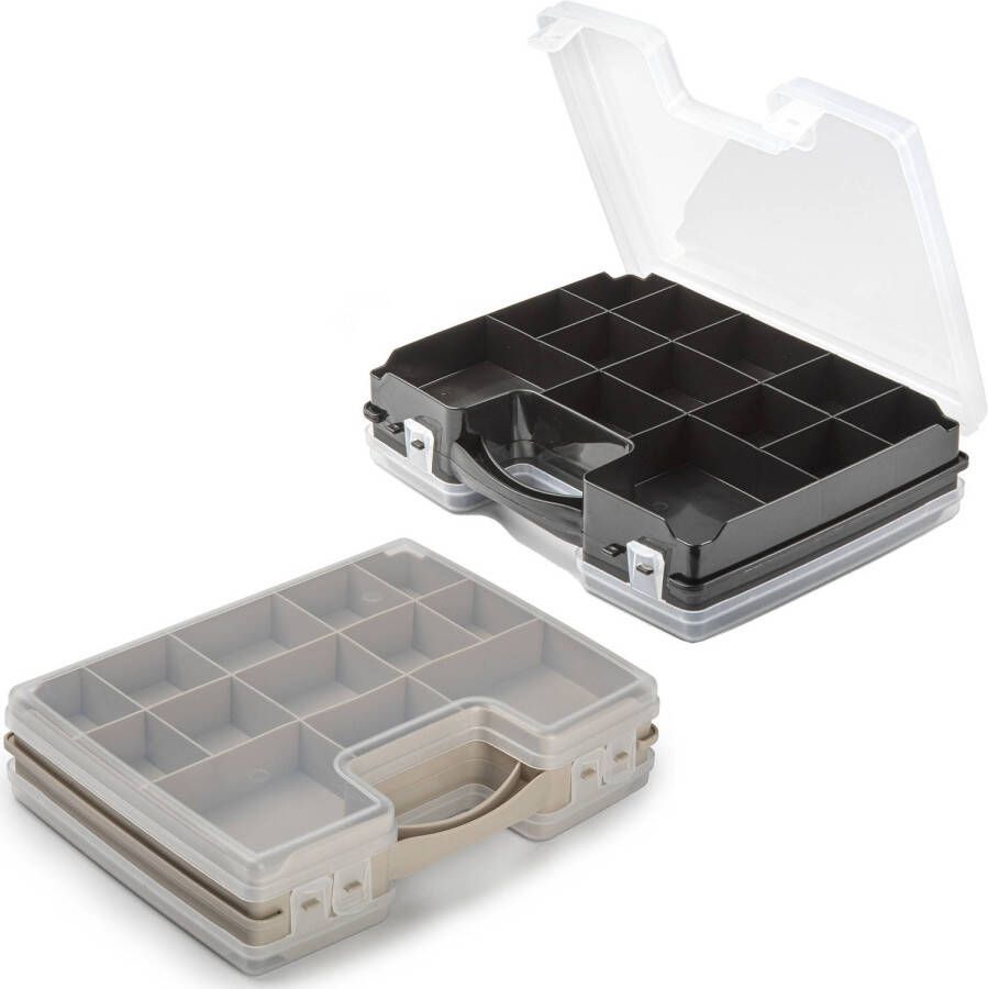 Forte Plastics 4x Opberg vakjes doos Sorteerbox 21-vaks kunststof 28 x 21 x 6 cm zwart taupe Opbergbox