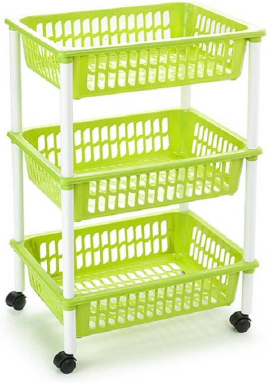 Forte Plastics Opberg organiser trolleys roltafels met 3 manden 62 cm in het groen Opberg trolley