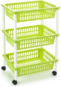 Forte Plastics Opberg organiser trolleys roltafels met 3 manden 62 cm in het groen Etagewagentje karretje met opbergkratten Opberg trolley
