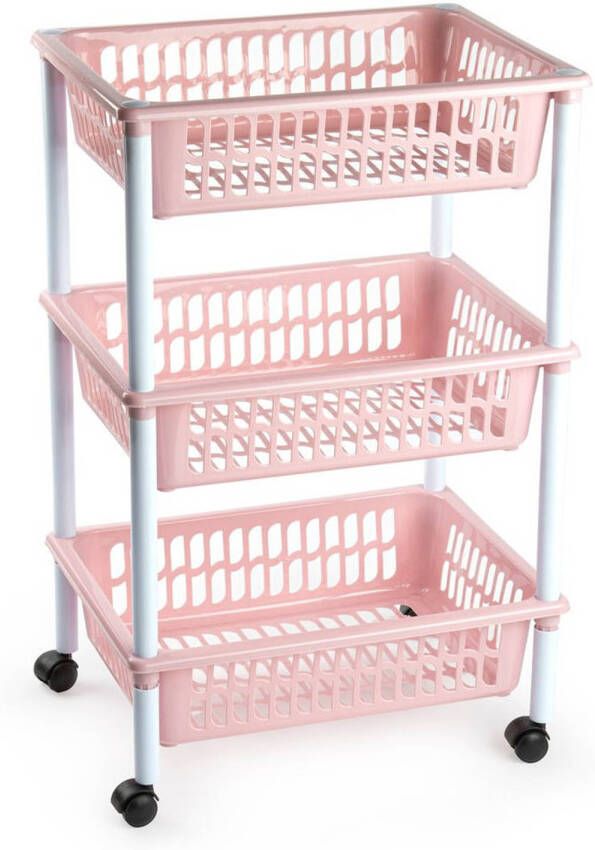 Forte Plastics Opberg organiser trolleys roltafels met 3 manden 62 cm in het oud roze Opberg trolley