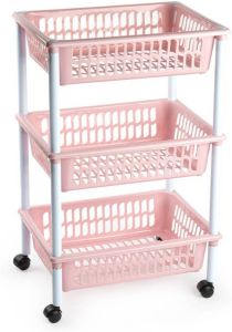 Forte Plastics Opberg organiser trolleys roltafels met 3 manden 62 cm in het oud roze Etagewagentje karretje met opbergkratten Opberg trolley