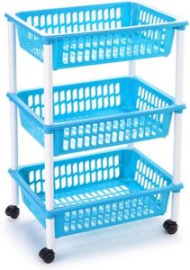 Forte Plastics Opberg trolley roltafel organizer met 3 manden 40 x 30 x 61 5 cm wit lichtblauw Etagewagentje karretje met opbergkratten Opberg trolley