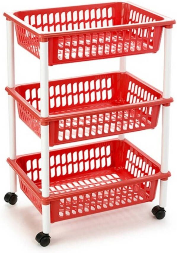 Forte Plastics Opberg trolley roltafel organizer met 3 manden 40 x 30 x 61 5 cm wit rood Opberg trolley