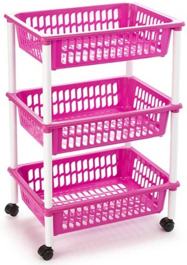 Forte Plastics Opberg trolley roltafel organizer met 3 manden 40 x 30 x 61 5 cm wit roze Opberg trolley