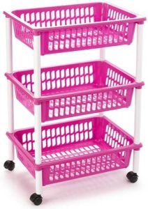 Forte Plastics Opberg trolley roltafel organizer met 3 manden 40 x 30 x 61 5 cm wit roze- Etagewagentje karretje met opbergkratten Opberg trolley