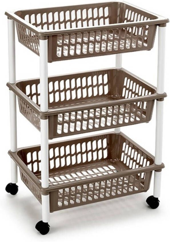 Forte Plastics Opberg trolley roltafel organizer met 3 manden 40 x 30 x 61 5 cm wit taupe Opberg trolley